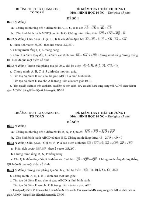 Đề kiểm tra 1 tiết chương 1 Hình học 10 NC năm 2018 – 2019 trường Thị Xã Quảng Trị